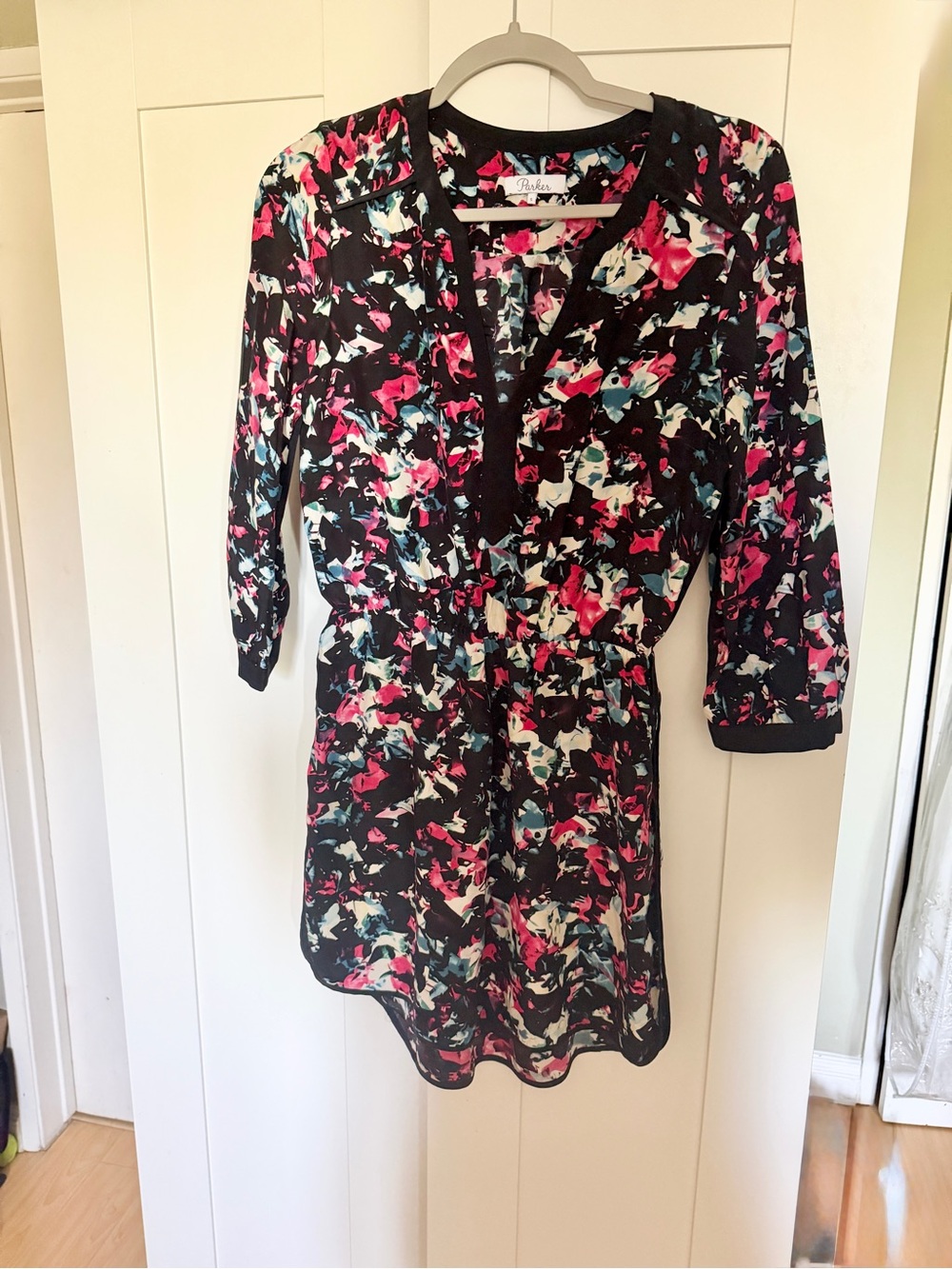 100% silk Parker Black Shirt Dress with Pink and Teal Floral Print